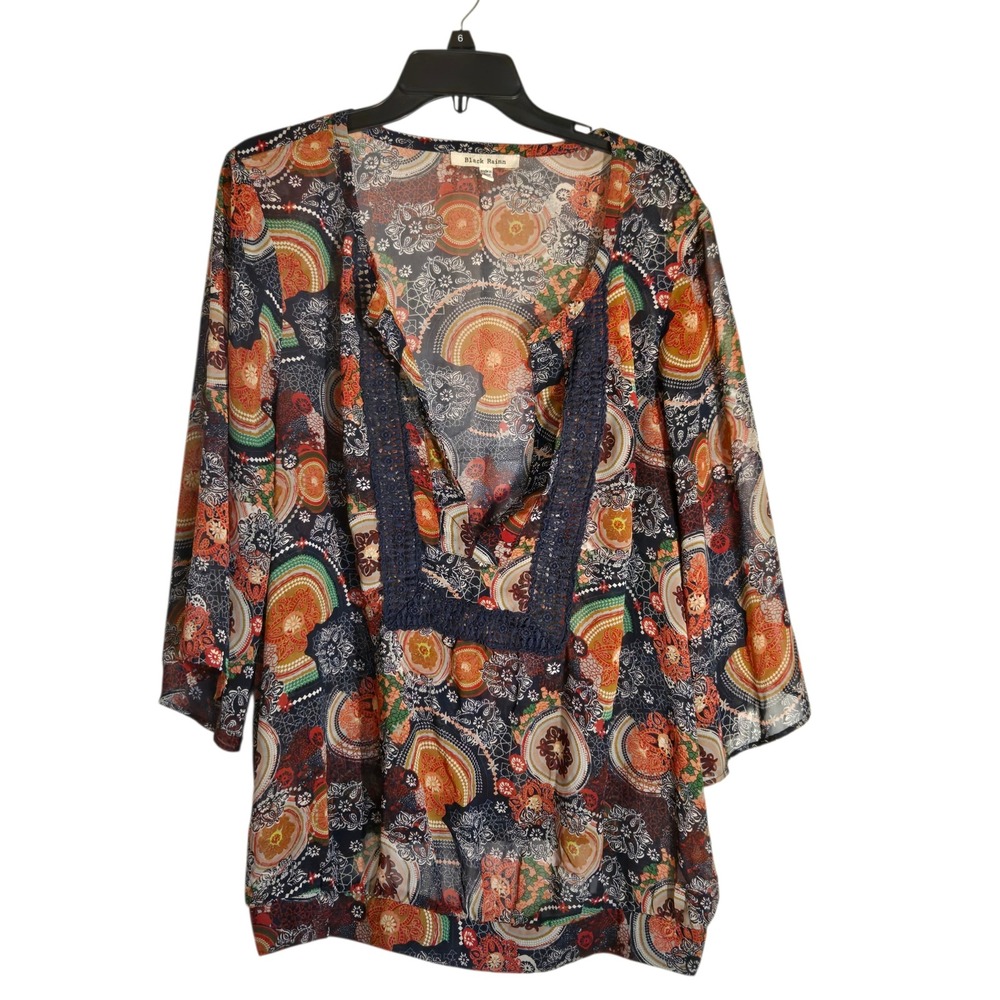 Black Rainn Womens 2X Boho Medallion Paisley Print Crochet Trim Blouse Top Multi